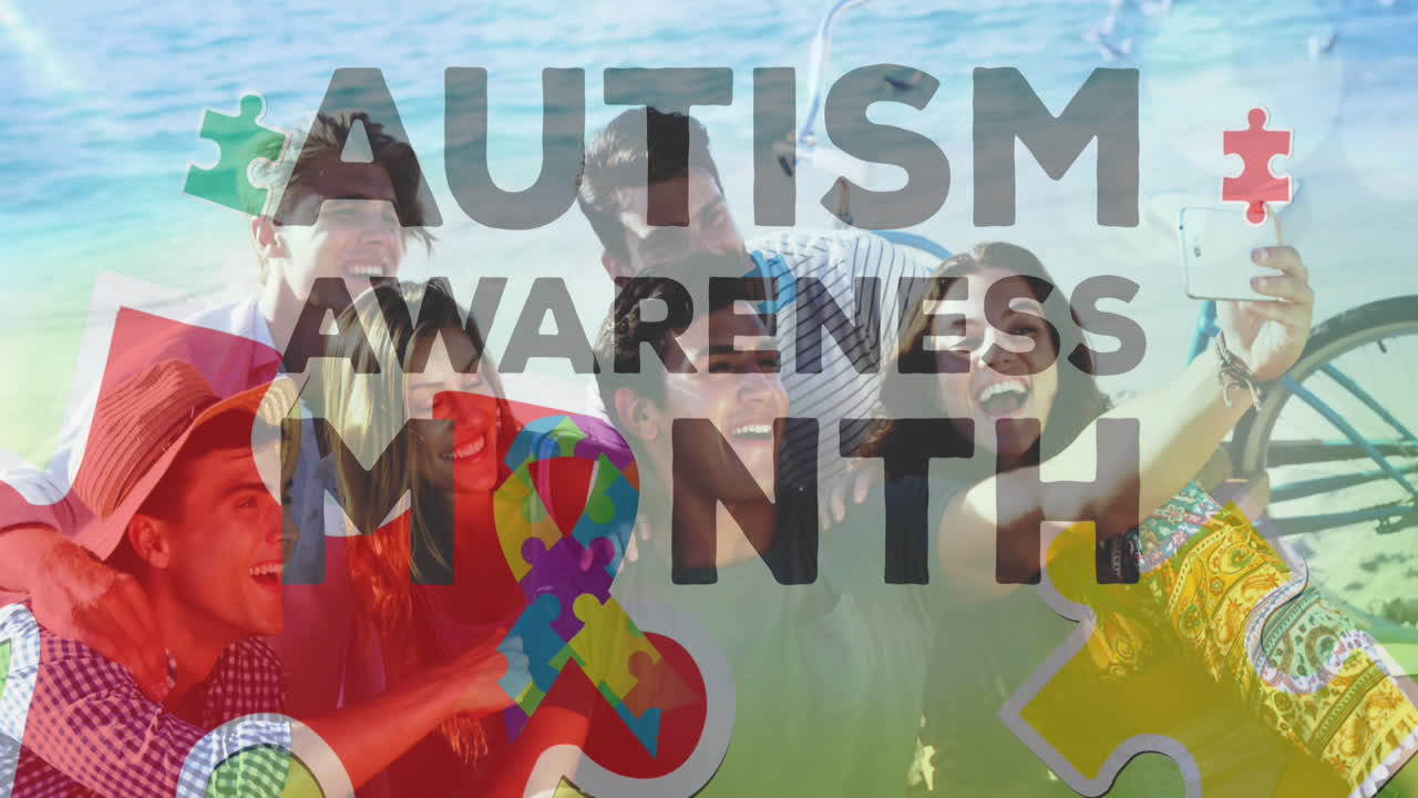 여름 해변 파티에서 행복한 친구들 위에 다채로운 퍼즐 조각과 자폐증 텍스트의 애니메이션