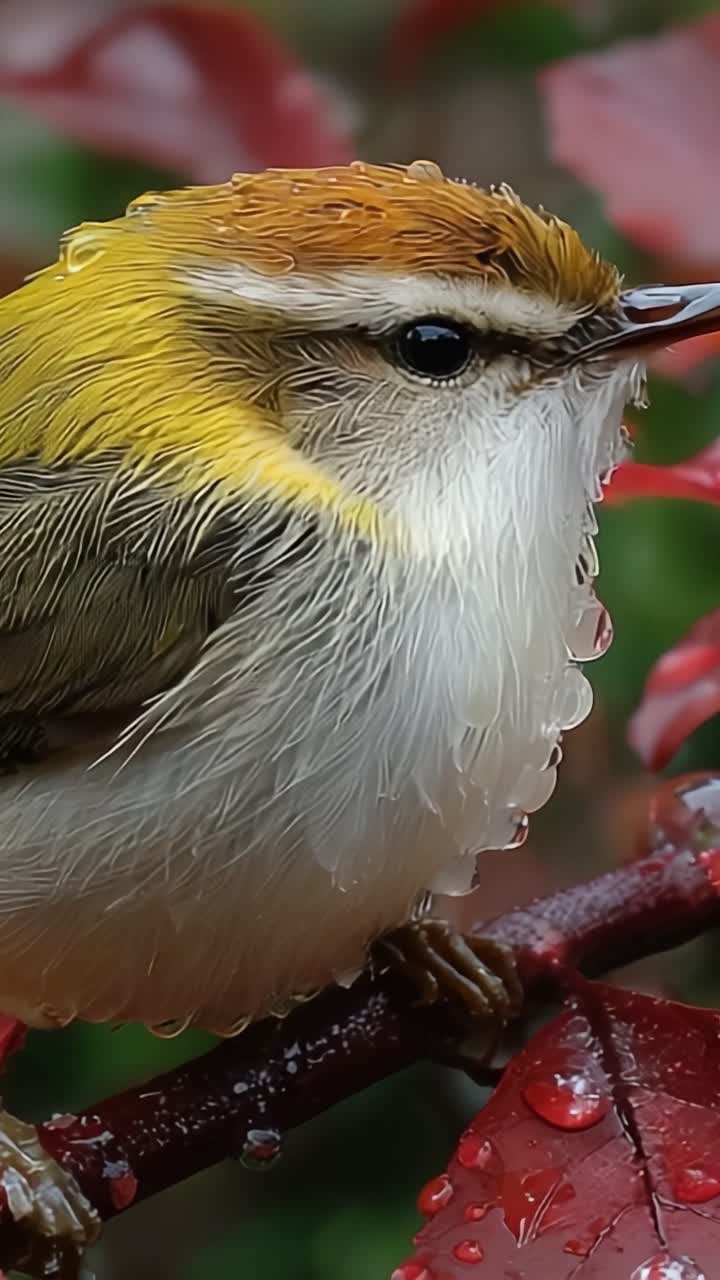 A Vibrant Close-Up of a Colorful Bird with Dewdrops Perched on a Red Leafy Branch, Capturing Nature's Beauty in Soft Focus