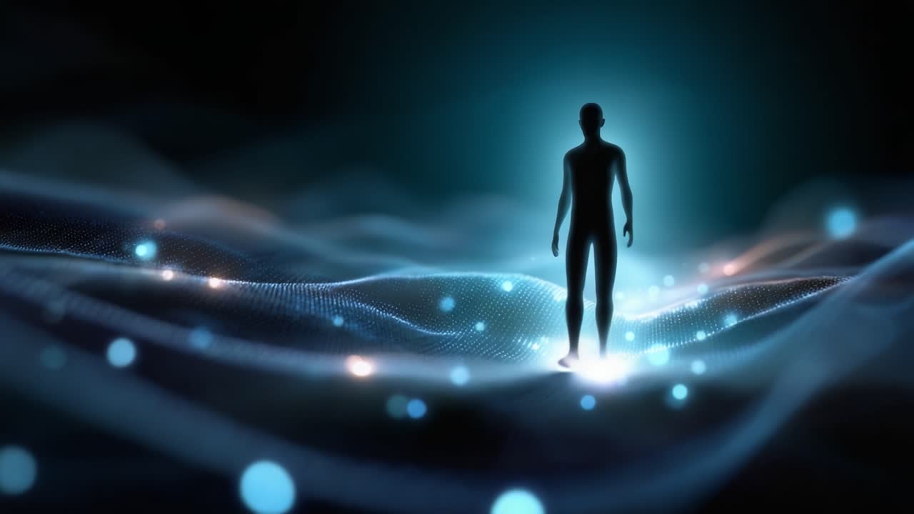 A digital silhouette emerges from an ethereal sea of light and waves, representing the journey of consciousness and the interface of technology and spirituality