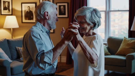 elderly couple dancing at home