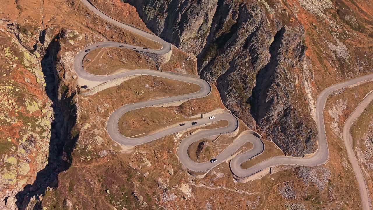 Gotthard Pass with La Tremola cobblestone road, seen from the air
