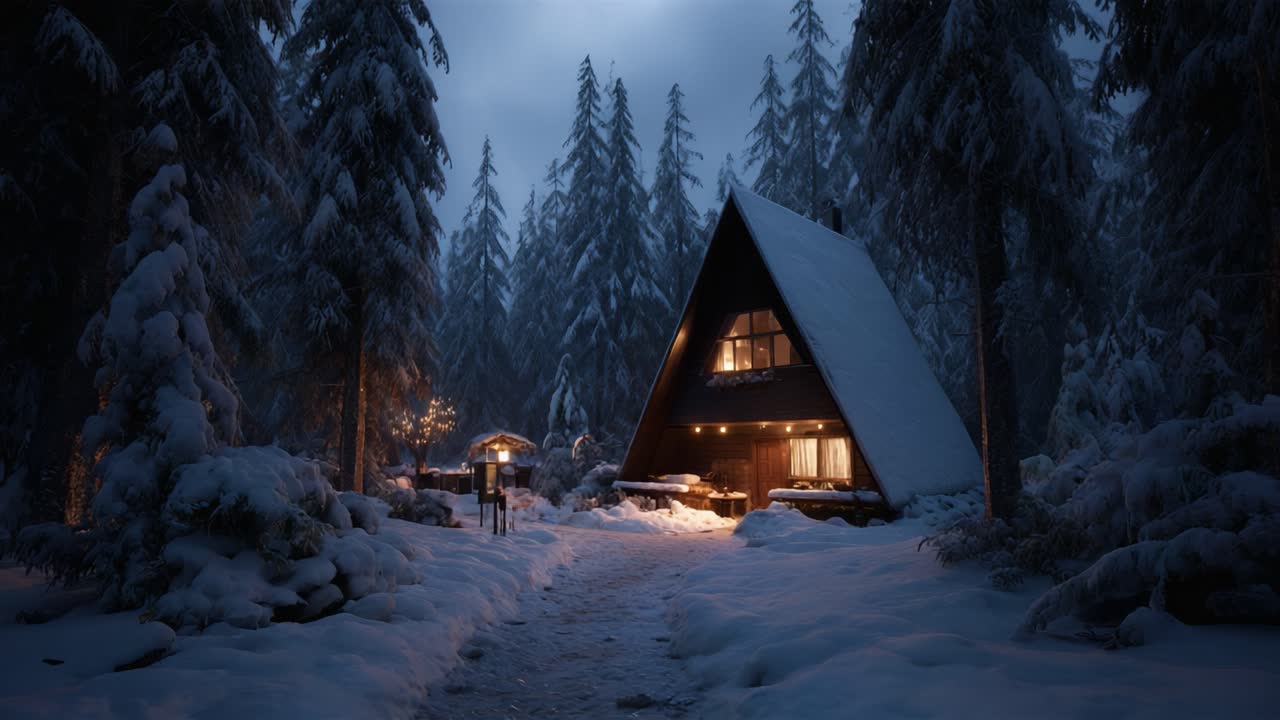 Enchanting Winter Retreat: A Picturesque Cabin Amidst Majestic Snow-Covered Pines and a Tranquil Pathway Leading into the Serene Evening