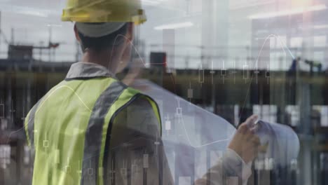 animation of statistics processing over female architect holding plans at construction site