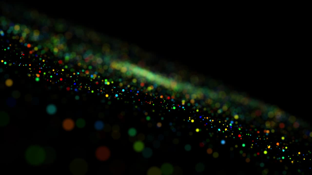 액체에 있는 다채로운 입자들이 떠다니며 반이는 4k 3d 아드션 배경, 반이는 입자, 검은색에 고립된 현장 깊이 및 보케 (bokeh)