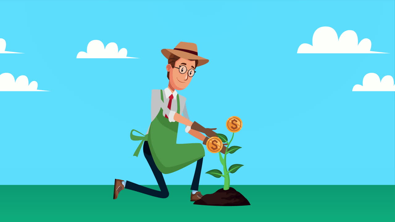 jardineiro elegante empresário com moedas planta personagem animado