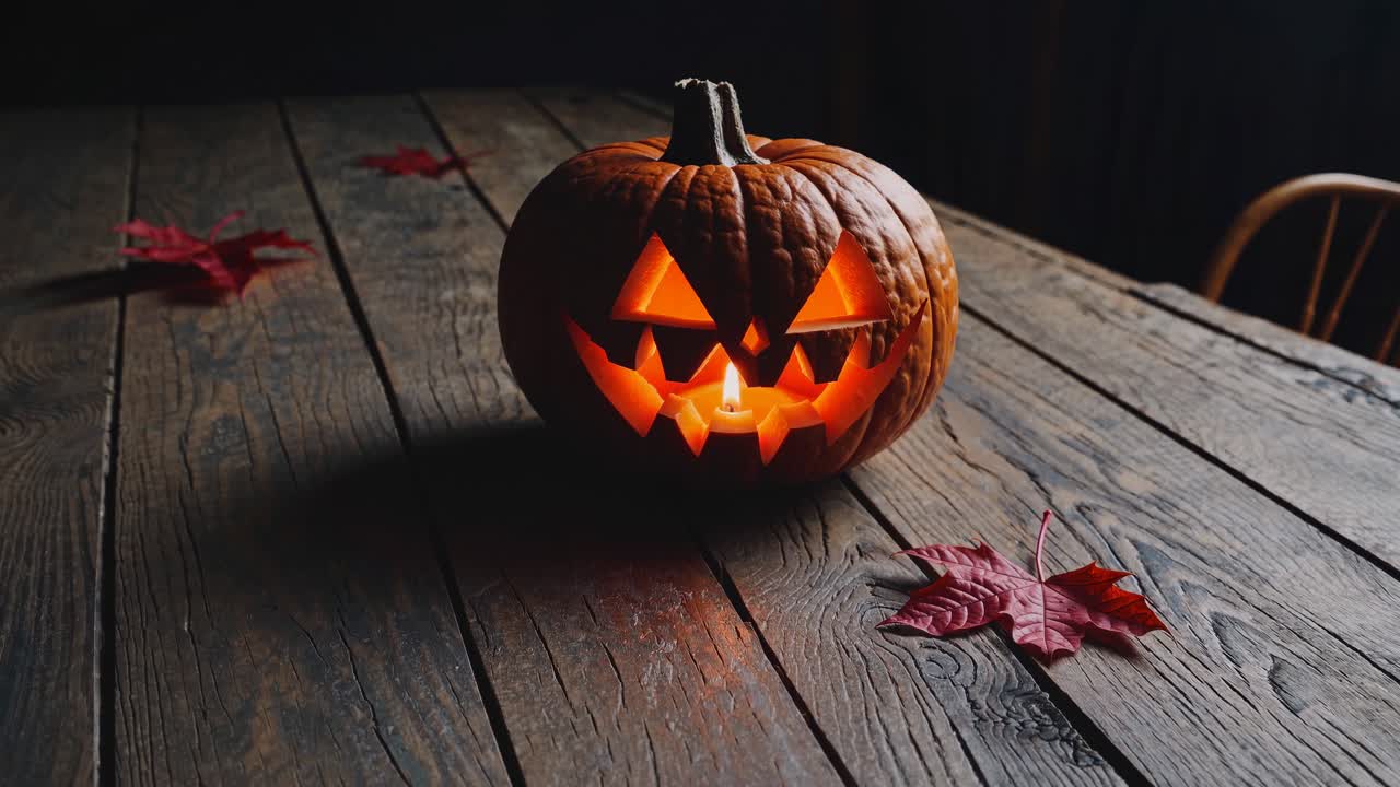 A low-angle shot of a carved pumpkin with glowing eyes on a rustic wooden table