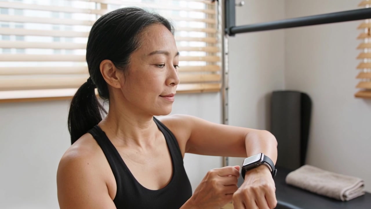 Raising arm looking down, woman tapping smartwatch at home gym, checking stats, wearing black tank