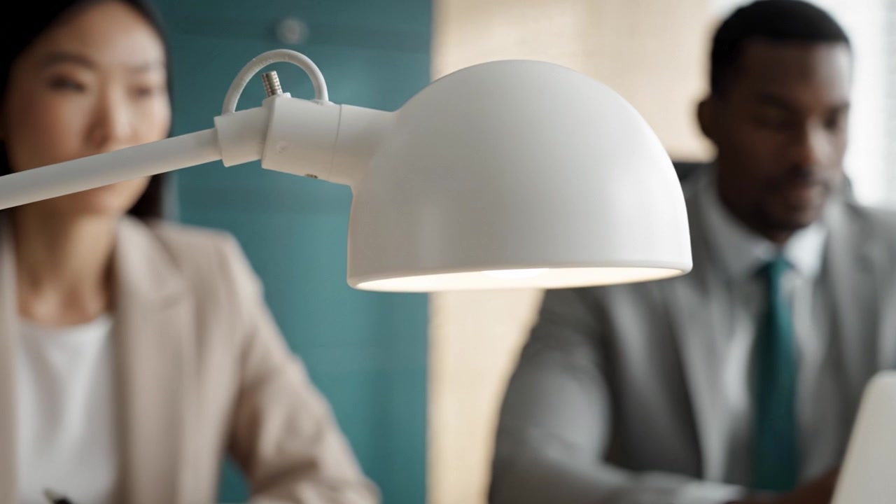 Focused Business Meeting with a Desk Lamp Illuminating Participants in a Professional Setting