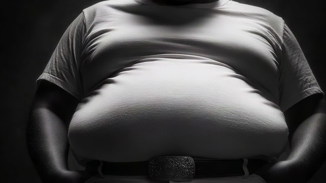 A close-up view of a person's torso emphasizing body shape and contours, showcasing the impact of lifestyle choices on health and self-image in a dramatic lighting setting