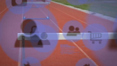 Animation-of-multiple-icons-over-hurdles-on-race-track-in-background