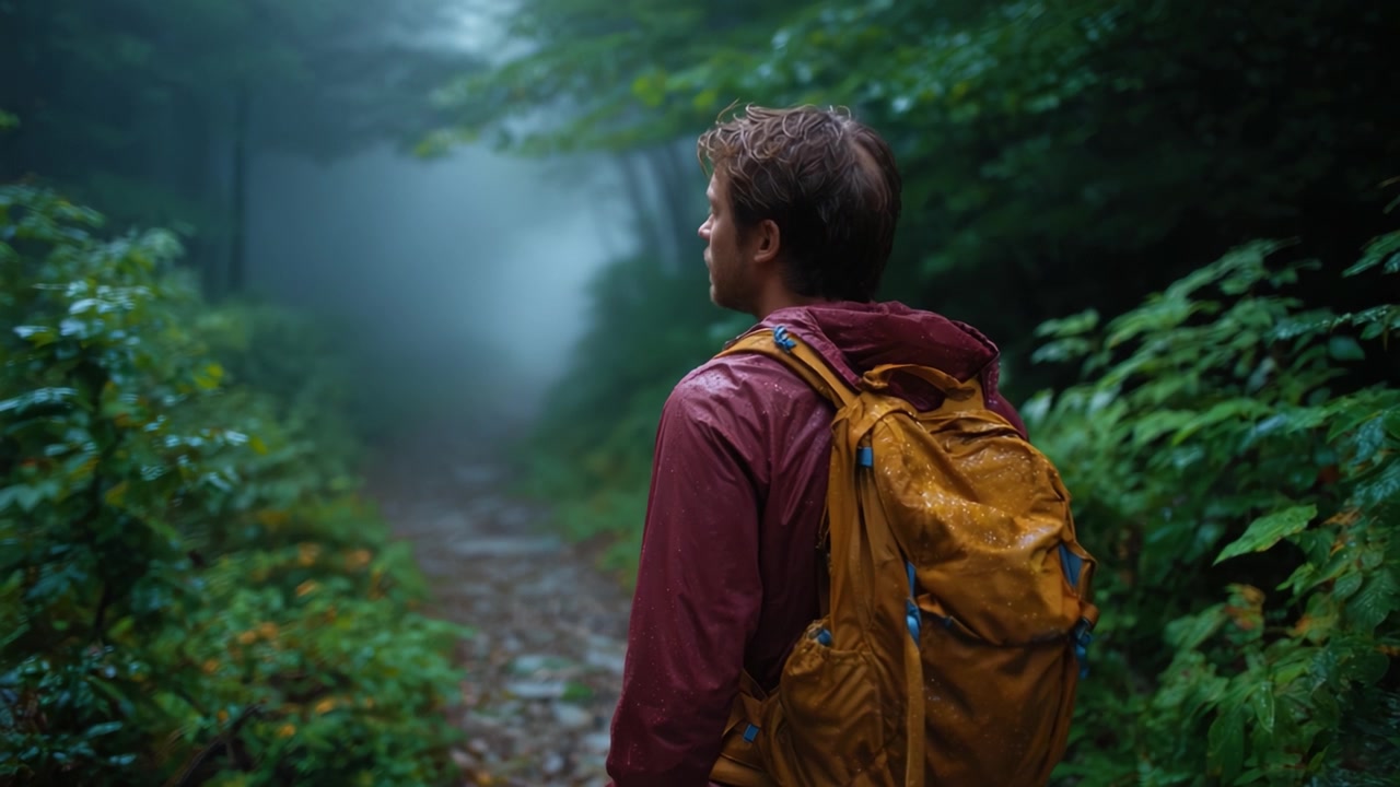A lone hiker pauses to gaze into the foggy wilderness, surrounded by lush greenery and a winding path, embodying adventure and tranquility in nature.