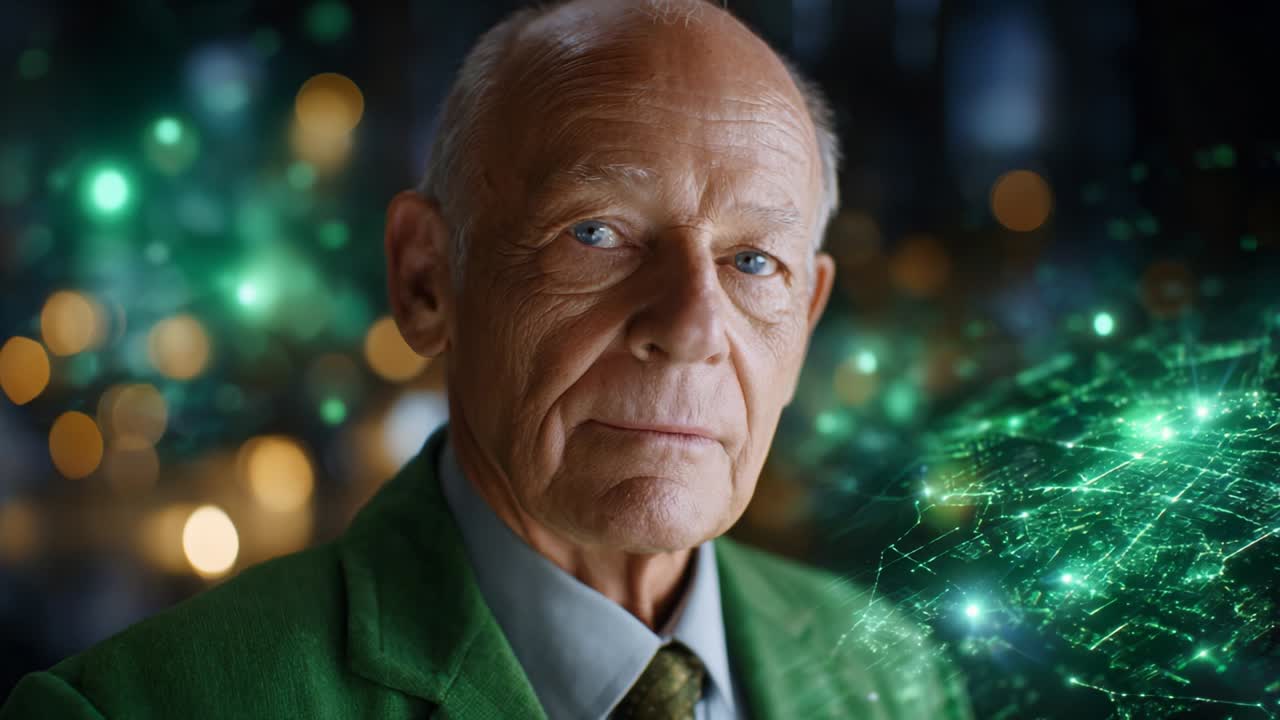 An astute gentleman gazes thoughtfully into the camera, embodying wisdom and sophistication, while intricate patterns of green digital data swirl around him, suggesting a connection between tradition and modern technology