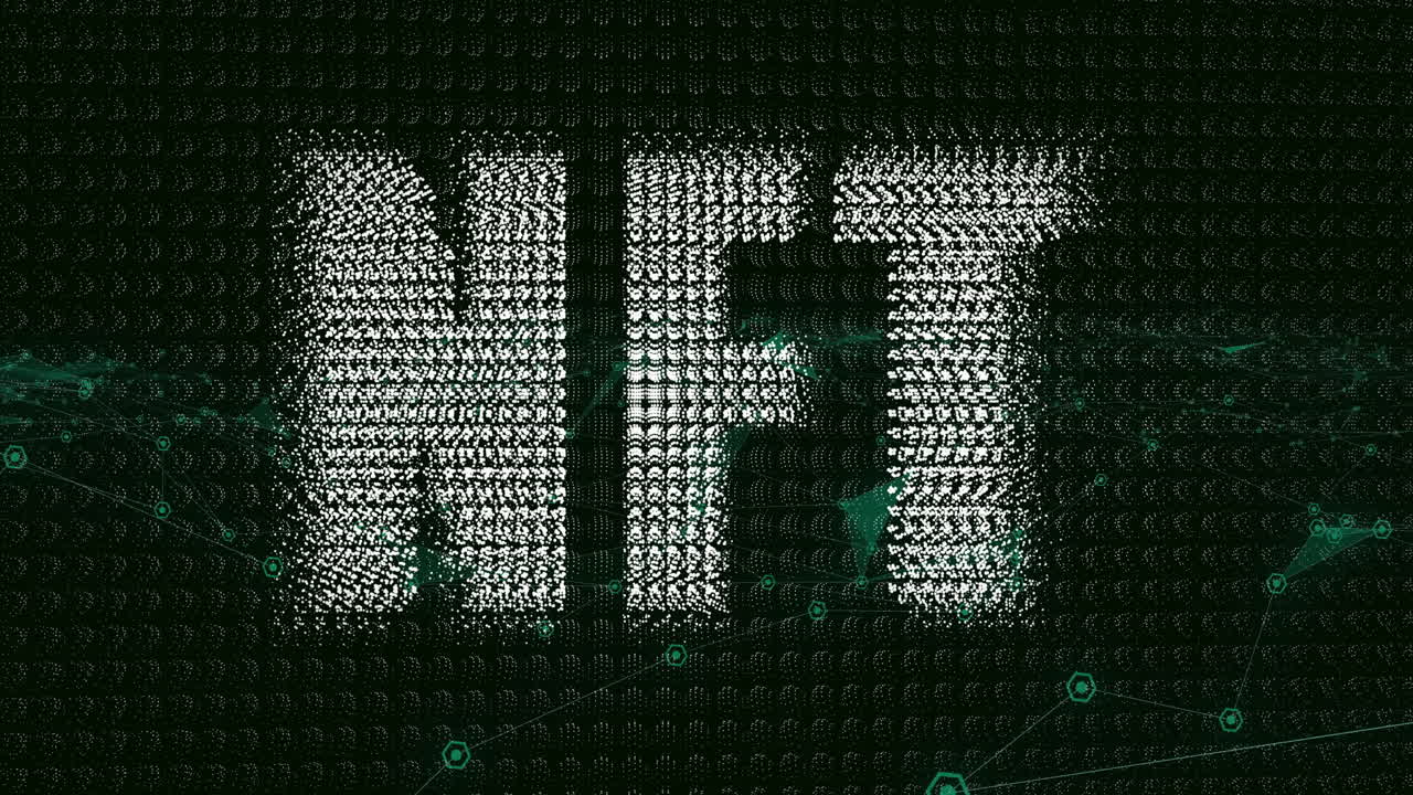 Animation of NFT text with digital patterns on dark green network background