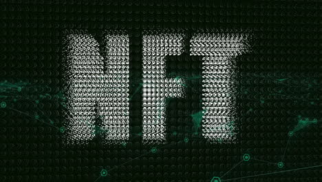 animation of nft text with digital patterns on dark green network background