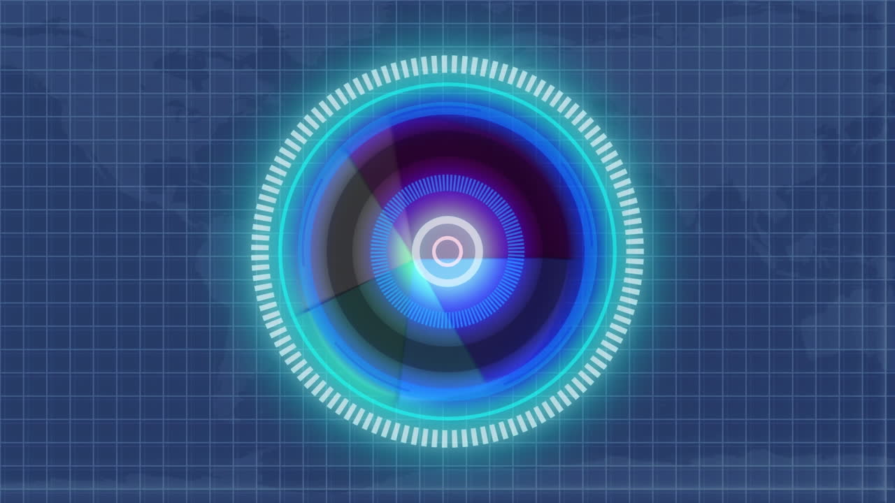 animación del escaneo del alcance sobre el procesamiento de datos financieros y el mapa del mundo sobre fondo azul
