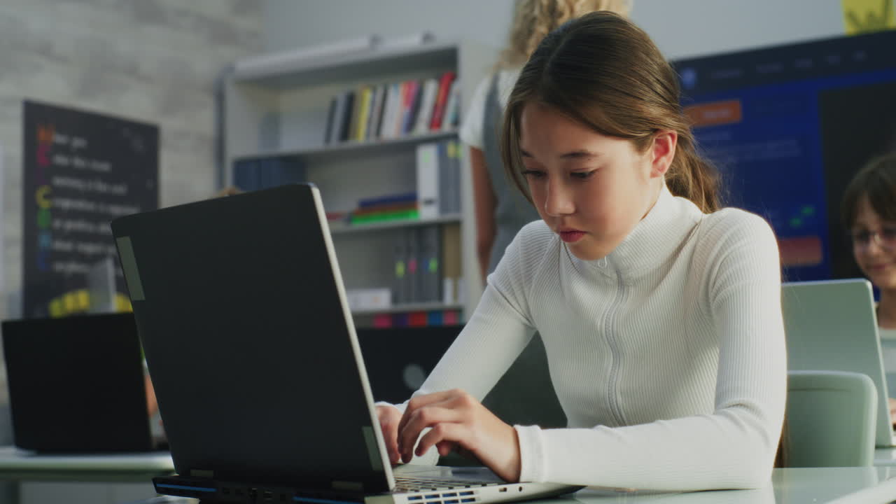 Primary School Girl Working on Creative Project on PC Monitor with Chroma Key During Digital Art