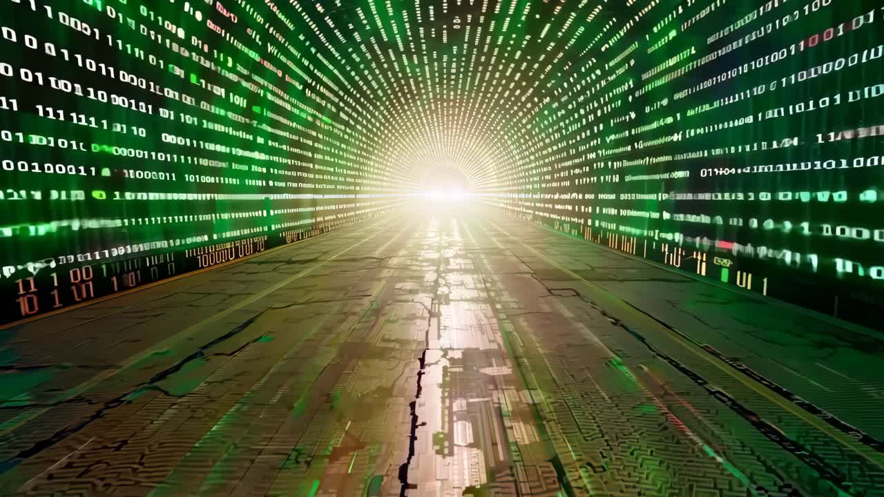 A tunnel with green lights and a bright light at the end. The tunnel is long and narrow