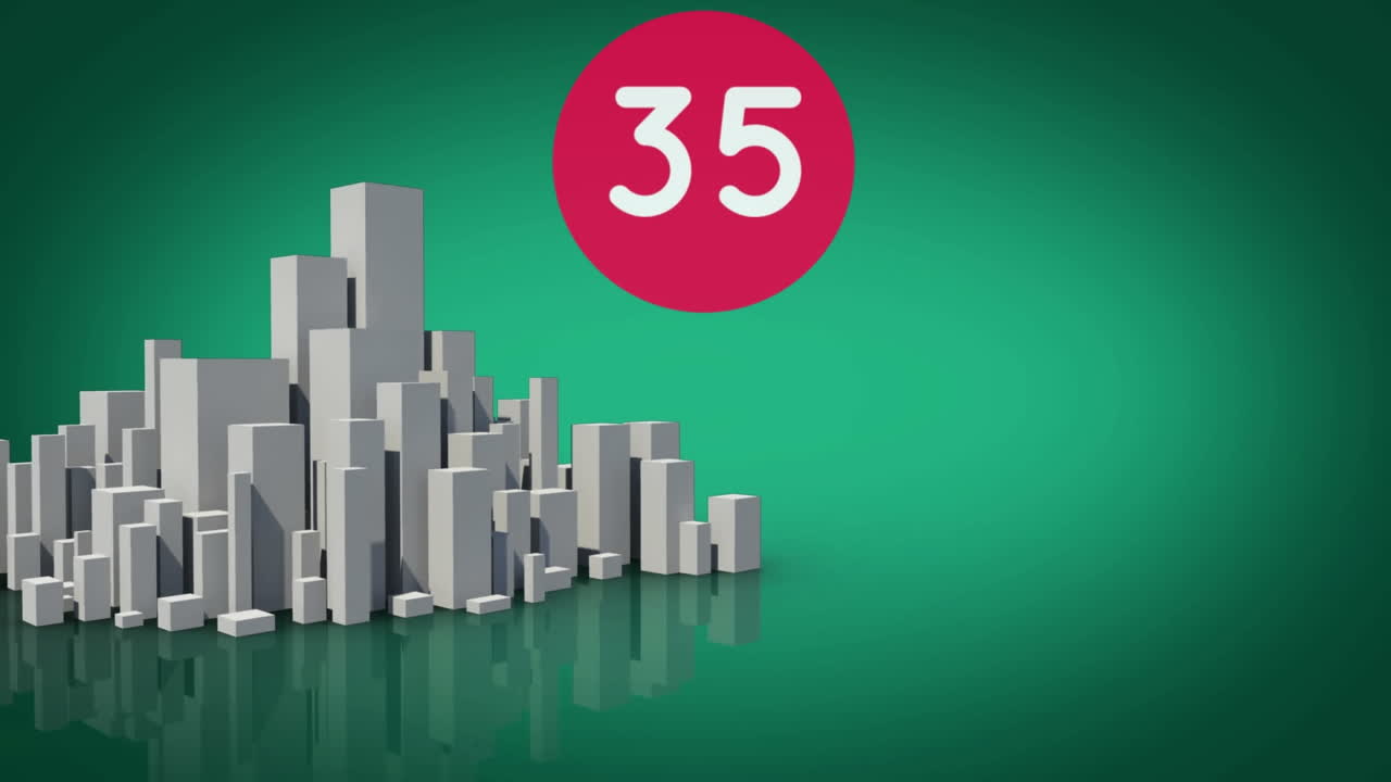 초록색 배경에 회전하는 3d 도시 모델에 대항하여 빨간색 둥근 배너의 숫자가 증가합니다.