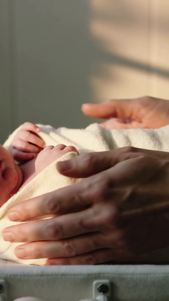 Vídeo vertical: Braços nus dos pais envolvendo, com bebê mexendo os punhos, acalmando com um envoltório claro sobre a almofada.