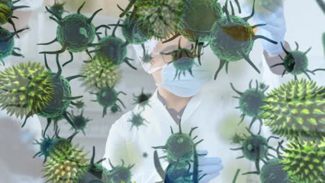 animación de la propagación del coronavirus covid19 con un trabajador de la salud en el fondo