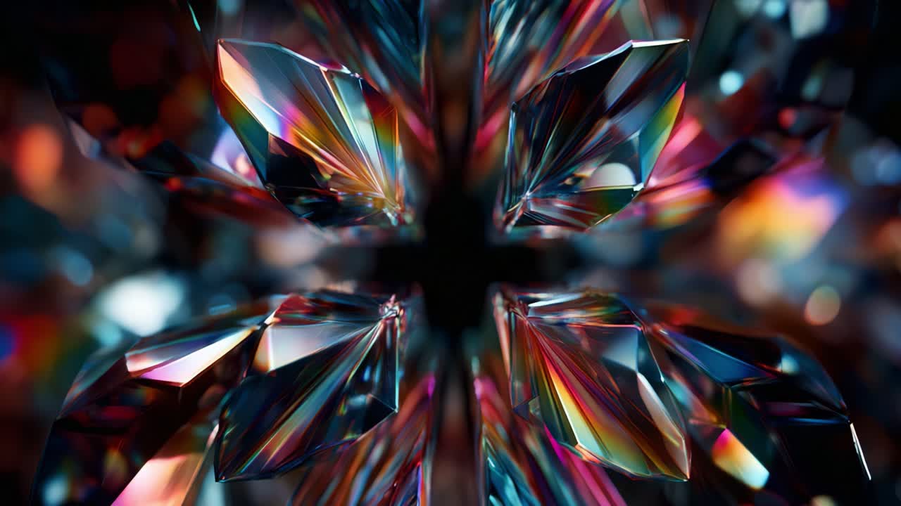 A stunning close-up view of multifaceted crystals radiating vibrant colors, creating an eye-catching display of intricacy and brilliance that captivates with its reflective surfaces