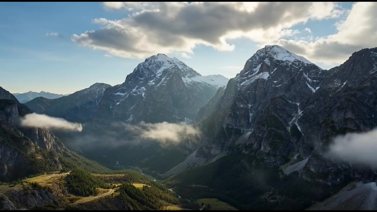 Vista aerea di maestose montagne alpine con nuvole in movimento