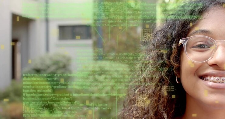 Camera focusing on teen girl revealing braces as code streaming and fading showing tech