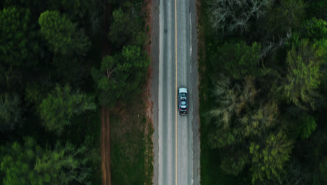 aerial top down view of car driving down empty forest road surrounded by trees cinematic drone travel adventure vacation 4k