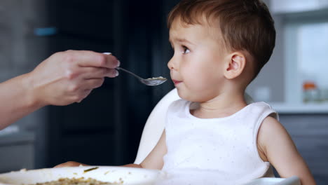 cute caucasian toddler boy refuses to eat porridge. mom shoves him a spoon but he turns away. close up. blurred backdrop.