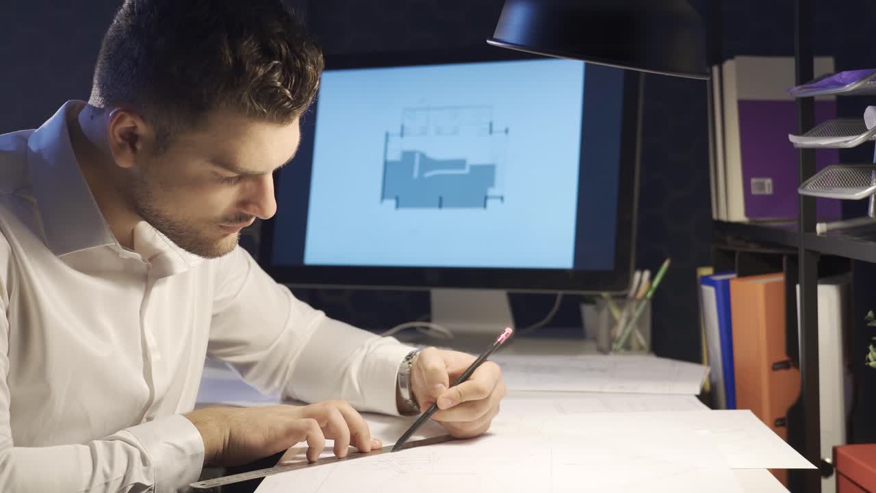 Male architect designing rooms of a new house in architecture office.