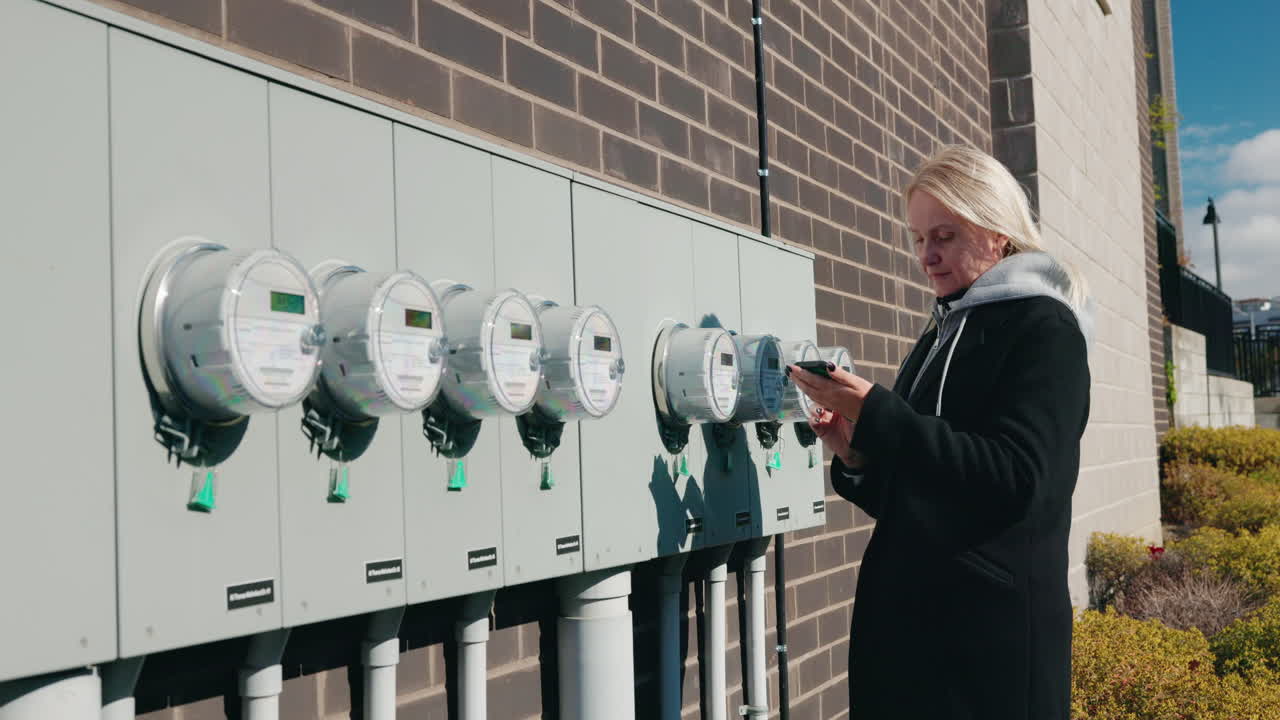 Woman using smartphone near utility meters