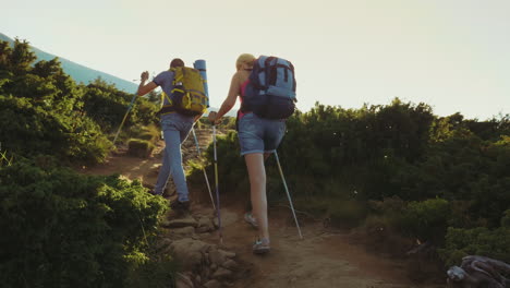 una turista con una mochila con bastones de trekking sube por el camino de la montaña en los rayos del s