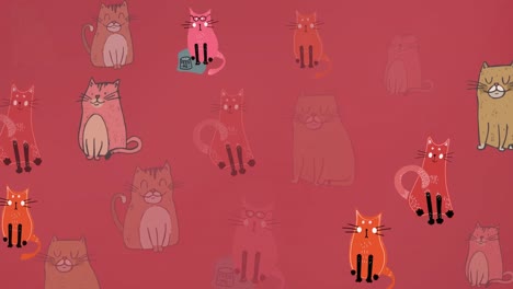 Animation-of-falling-cats-icons-over-red-background