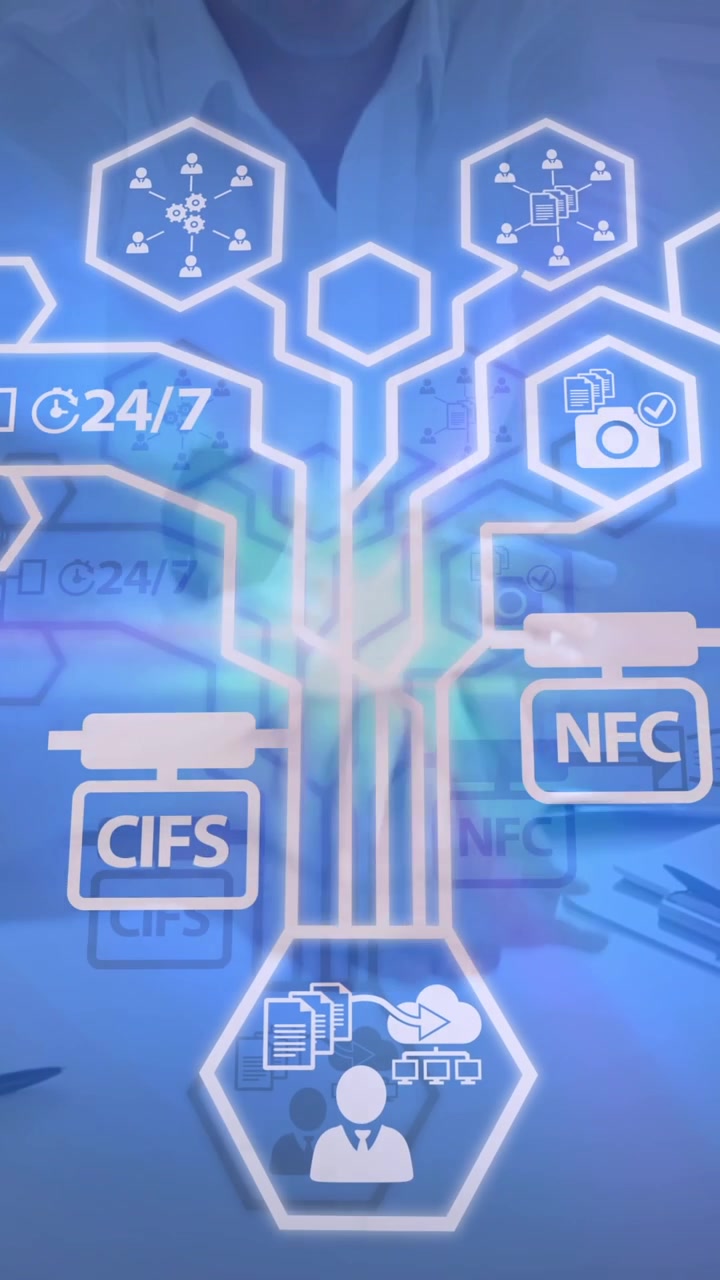 Animation of technology icons over diverse businesspeople in office