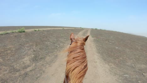 pov horse riding through deserted land, wide angle action cam shot