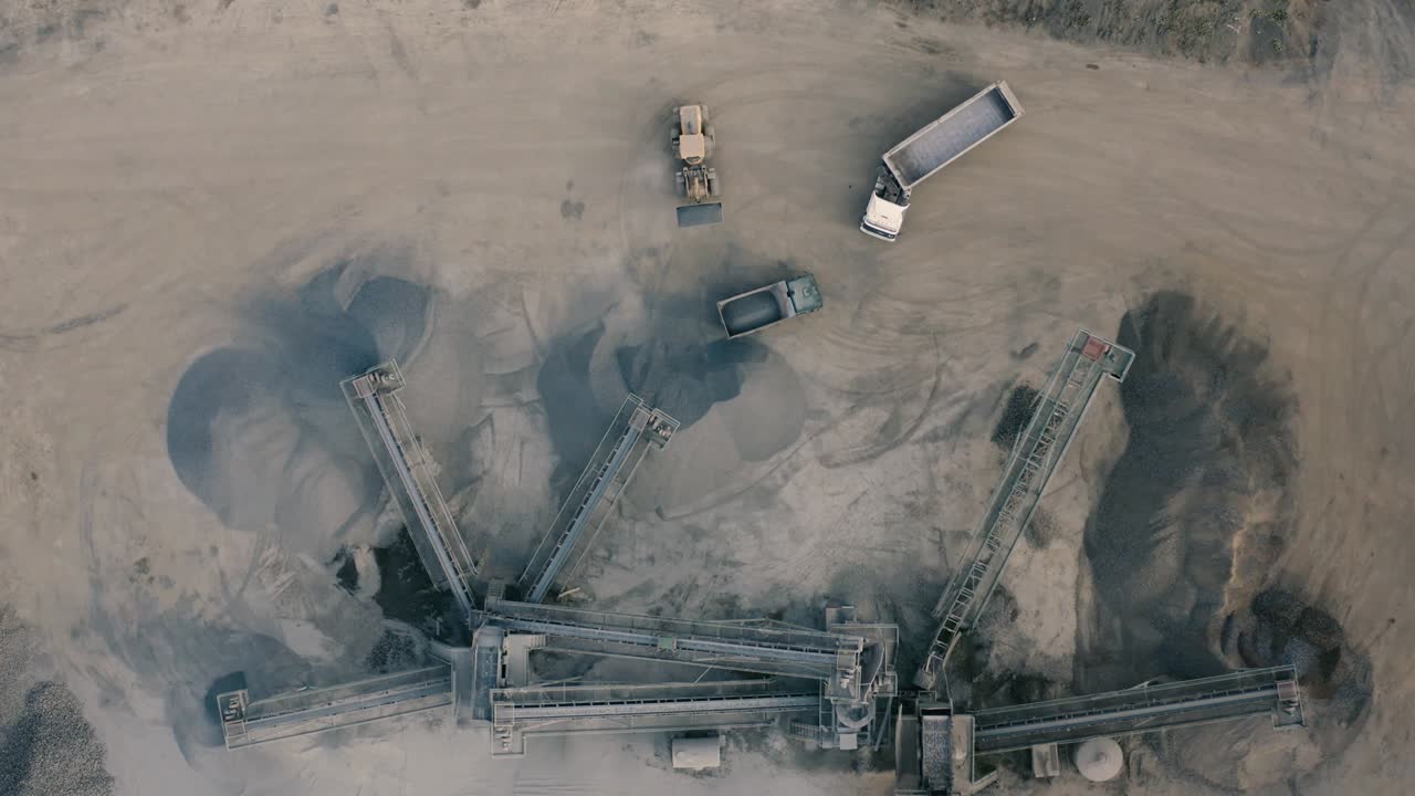 Manufacturing of finished products in a granite quarry. Drone view.