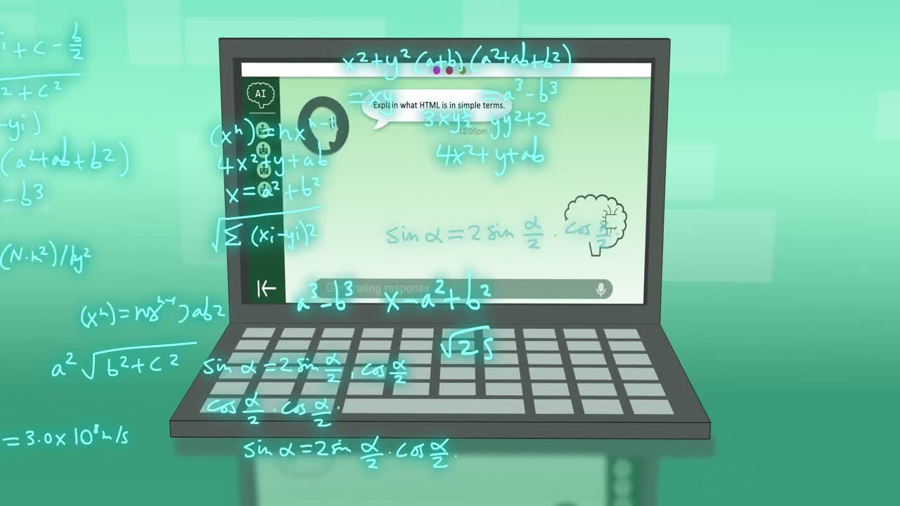 Animation of ai data, mathematical equations and icons on laptop screen on green background