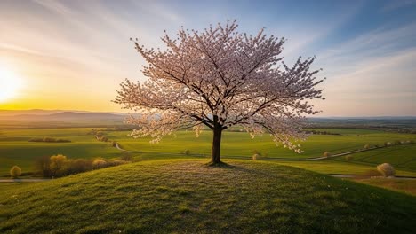 captivating cherry blossom scene: a lush tree stands majestically on rolling hills as the sun sets, creating a perfect harmony of nature's beauty and tranquility