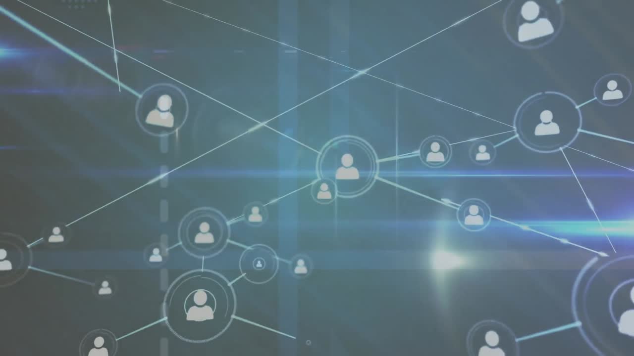 파란색 배경에 렌즈 플레어 위에 선으로 연결된 점들의 애니메이션