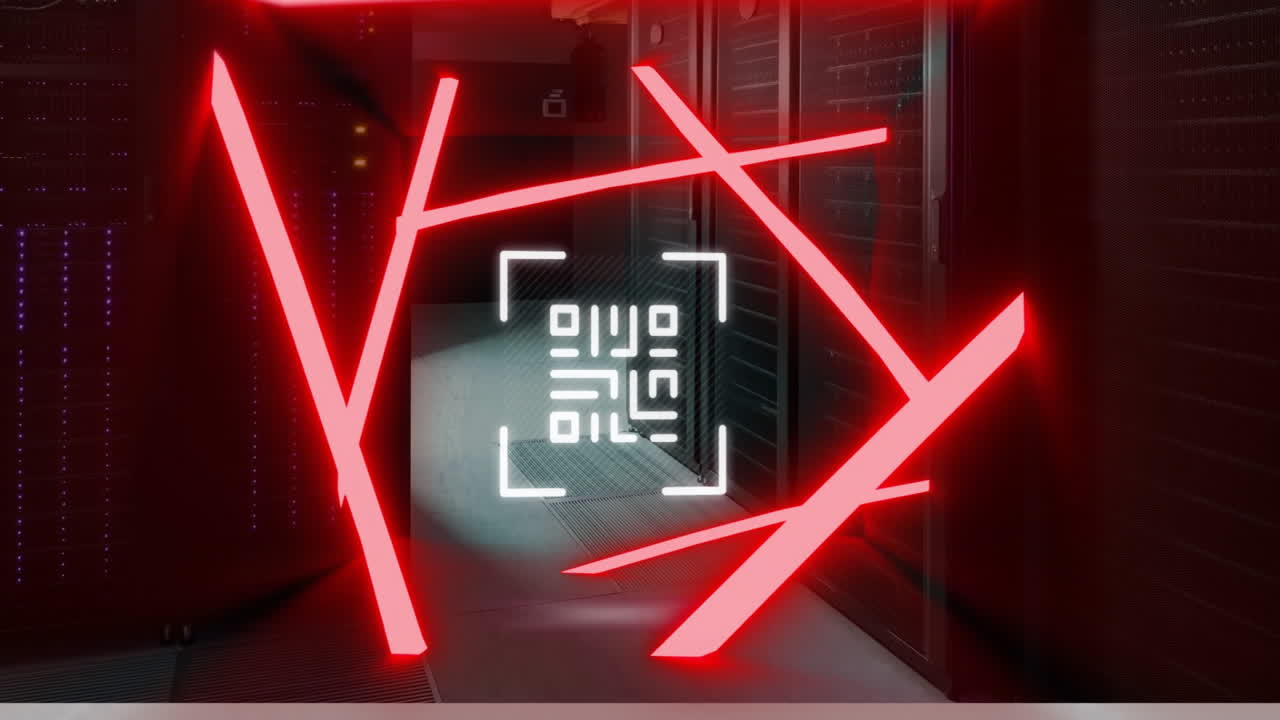 анимация qr-кода, неонового узора и цифровой обработки данных через компьютерные серверы