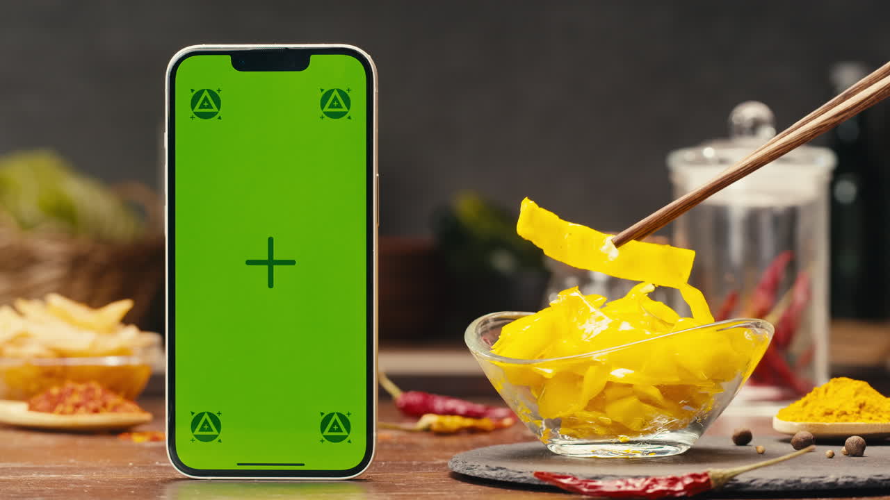A green screen mobile phone, a portable communications device, is on a table next to a bowl of canned corn. The product is a useful gadget for telephony and communication. Fermented food served on table, mini corn, kimchi, eggplants, yellow cabbage