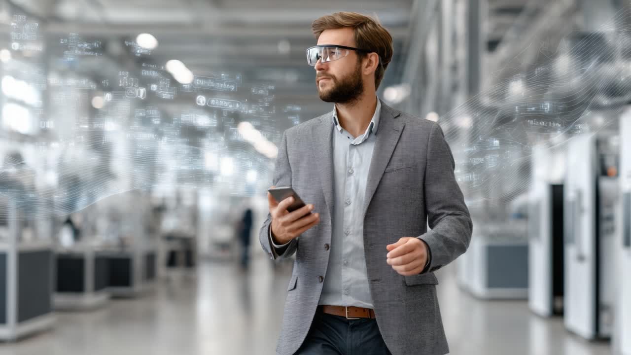 En fokuseret person med smarte briller navigerer i et moderne industrilokale og bruger teknologi til at øge produktiviteten, mens de holder en smartphone i en professionel setting.