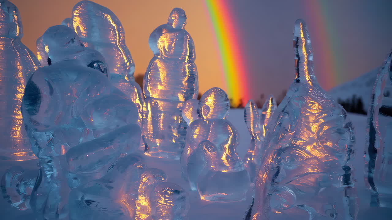Ice Sculptures Illuminated by a Rainbow