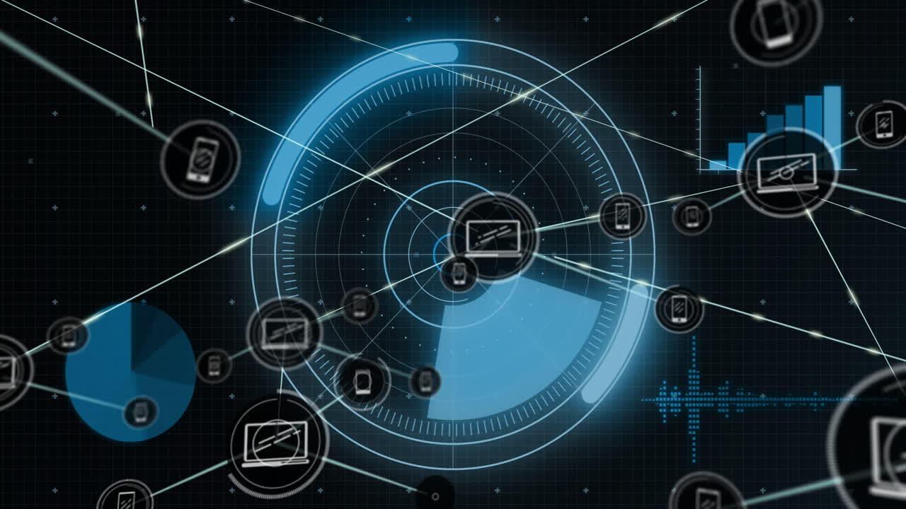 Animation of futuristic digital interface with interconnected icons in school setting