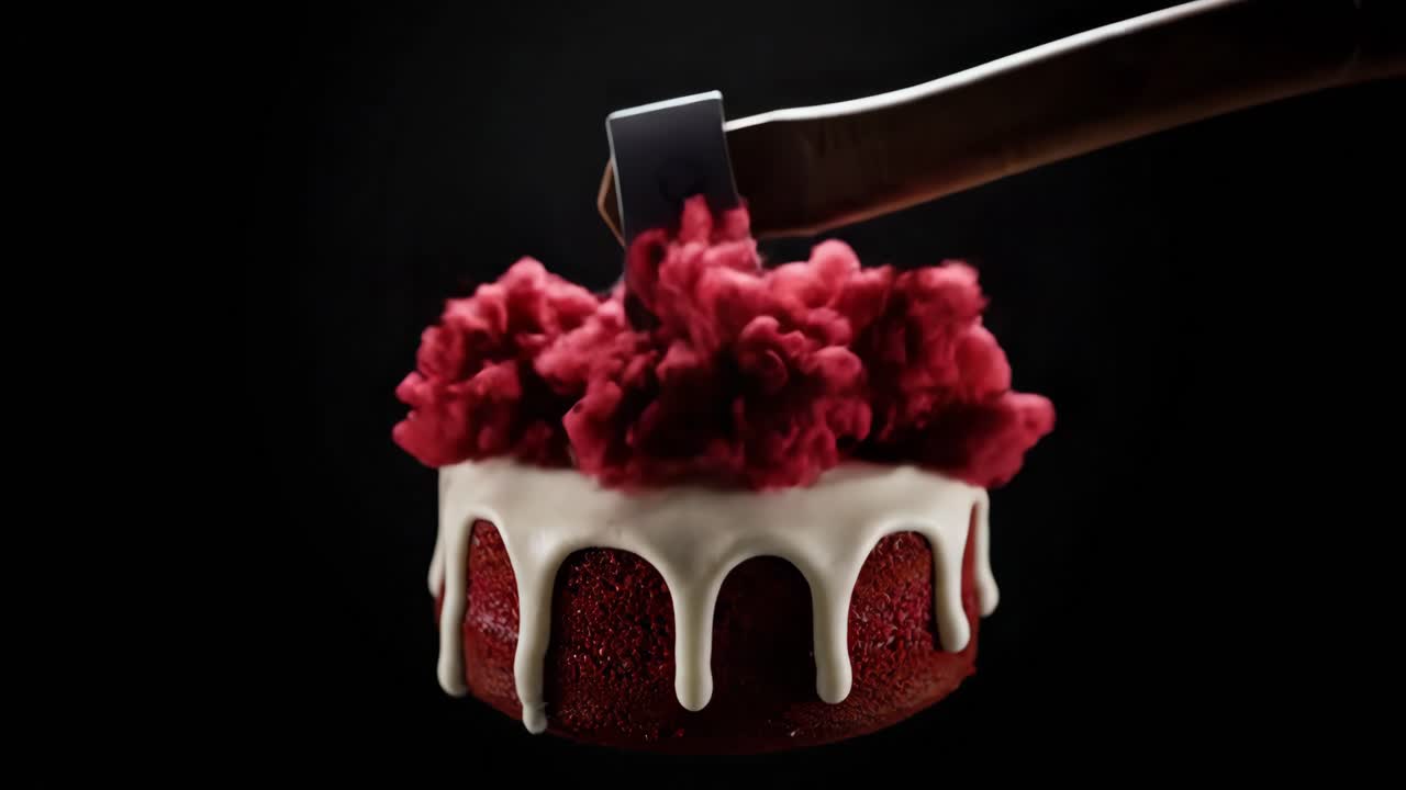 Axe Cutting a Red Velvet Cake