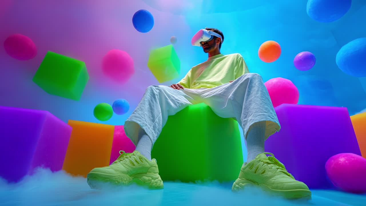 An immersive gaming experience captures a person wearing a VR headset, surrounded by colorful floating shapes, showcasing vibrant hues and a futuristic virtual environment