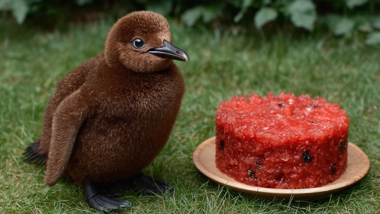 A Delightful Encounter: A Curious Brown Chick Interacts with a Colorful Watermelon Cake on Lush Green Grass in a Playful Setting