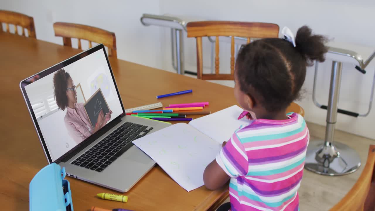 Niña afroamericana haciendo los deberes mientras tiene una videollamada con su profesora en su ordenador portátil en casa.