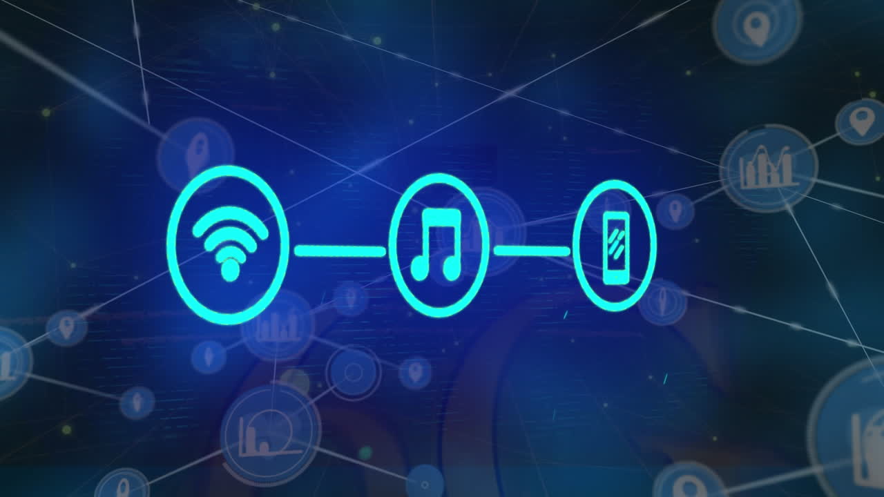 animación de una red de iconos digitales y un punto de luz azul contra un fondo negro