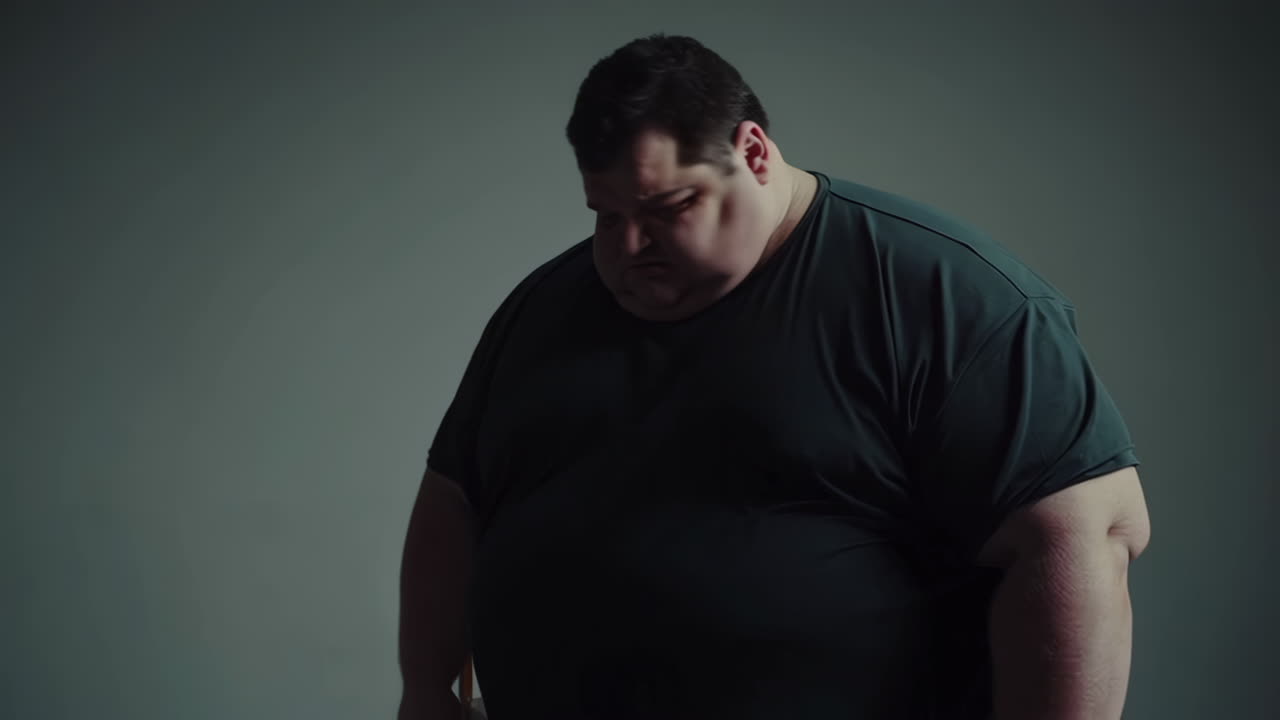 Uomo obeso che guarda in basso